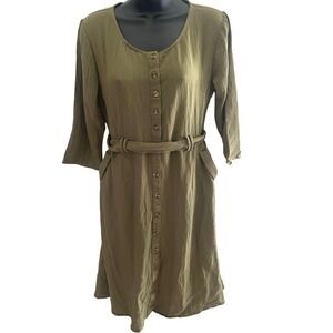 Boho Casual Olive Green Button Front Midi Dress Fall Soft Girl Cottage Pockets M